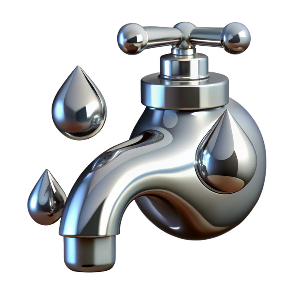 playful captivating Chrome faucet logo with water droplets, reflective finish, studio lighting, front view, with transparent background,high-resolution product photography ultra HD png