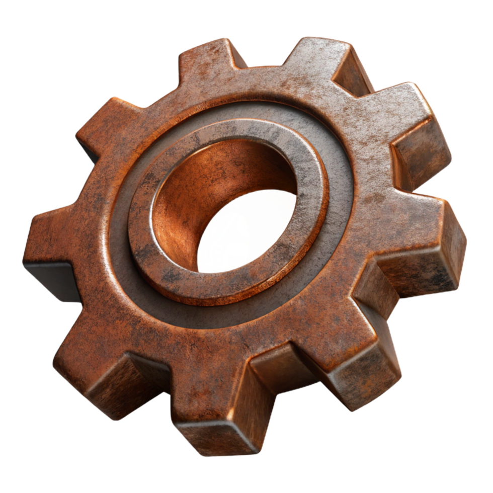 immaculate remarkable Rusty metal gear logo with intricate teeth, realistic texture, dramatic lighting, with transparent background,high-resolution product photography png