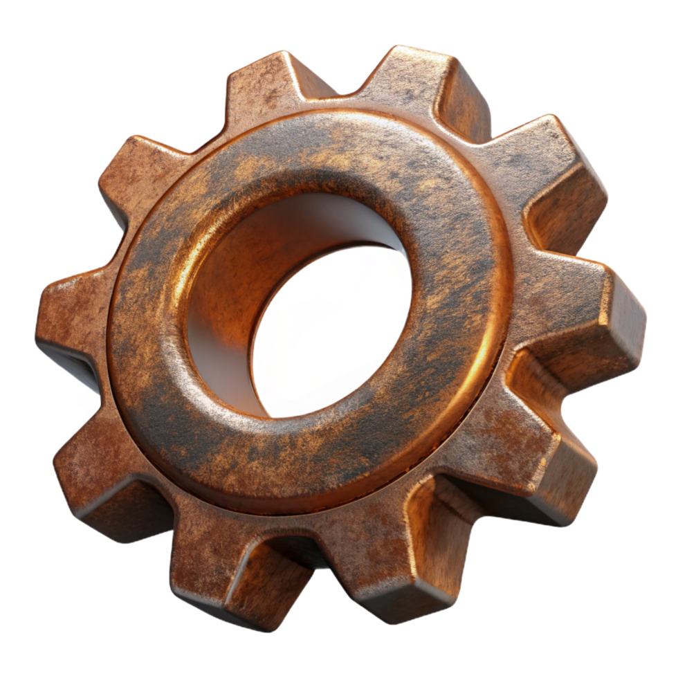 spectacular geometric Rusty metal gear logo with intricate teeth, realistic texture, dramatic lighting, with transparent background,high-resolution product photography 4K png