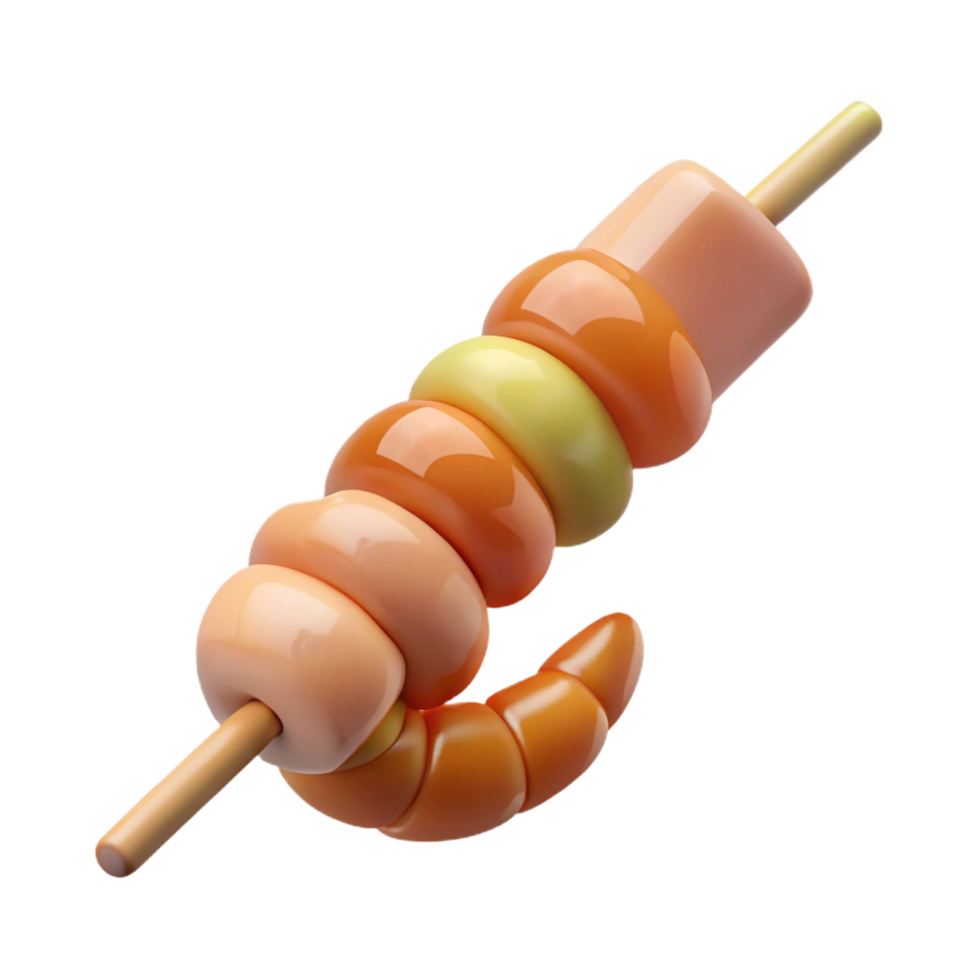 unforgettable baroque Shrimp kebab, succulent seafood, glossy finish, studio lighting, top-down view, isolateon transparent background,high-resolution product photography authentic png