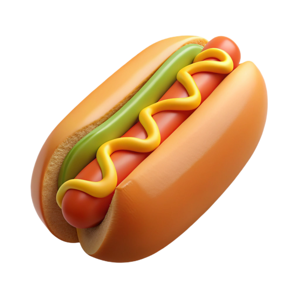wonderful iconic Hot dog in a bun, various toppings, glossy finish, soft lighting, top-down view, isolateon transparent background,high-resolution product photography png