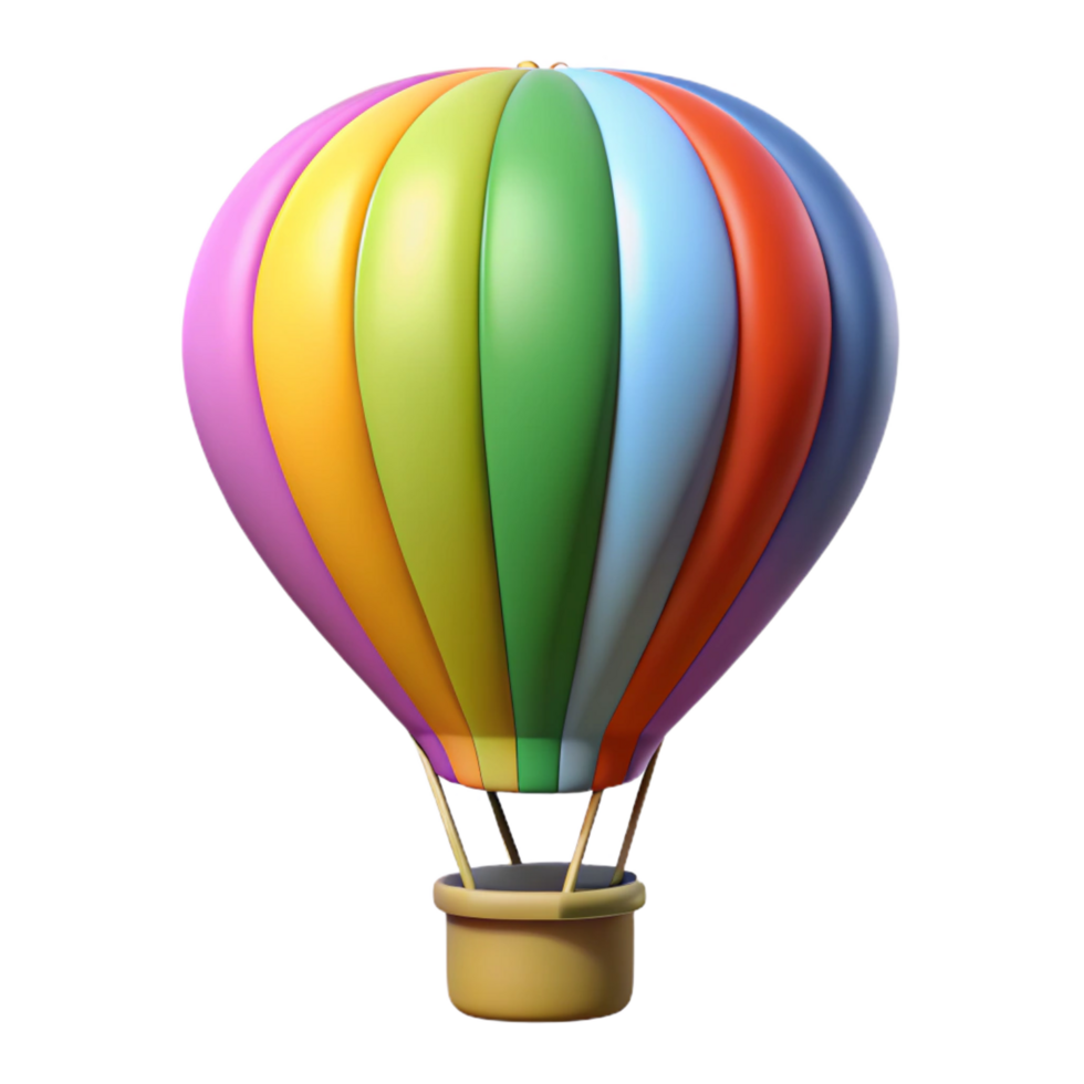 intense enchanting Hot air balloon, vibrant rainbow colors, wicker basket, soft lighting, side view, render, isolateon transparent background,high-resolution product photography professional png