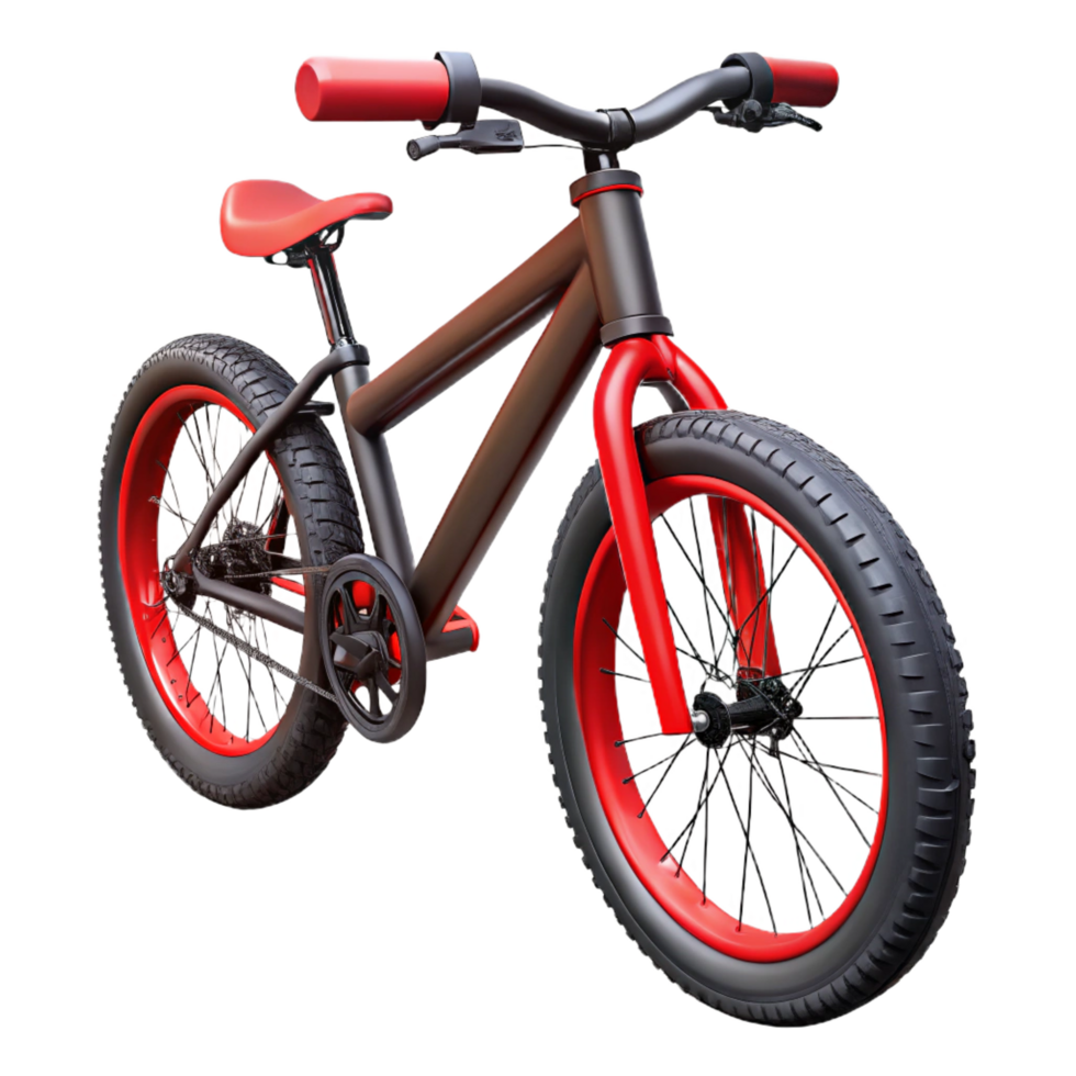 dramatic distinctive Mountain bike, matte black frame, bright reaccents, knobby tires, studio lighting, render, isolateon transparent background,high-resolution product photography png