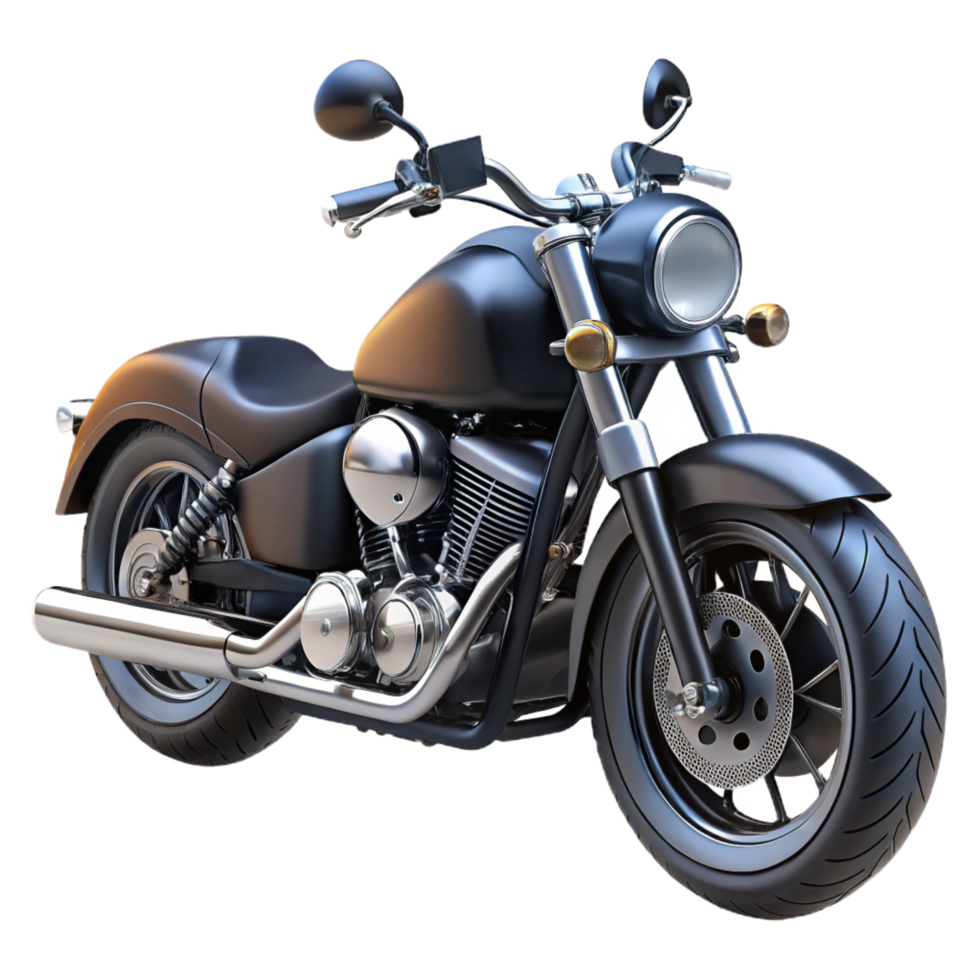 serene coastal Black Harley-Davidson motorcycle, chrome exhaust pipes, leather seat, studio lighting, side view, render, isolateon transparent background,high-resolution product photography artisan png