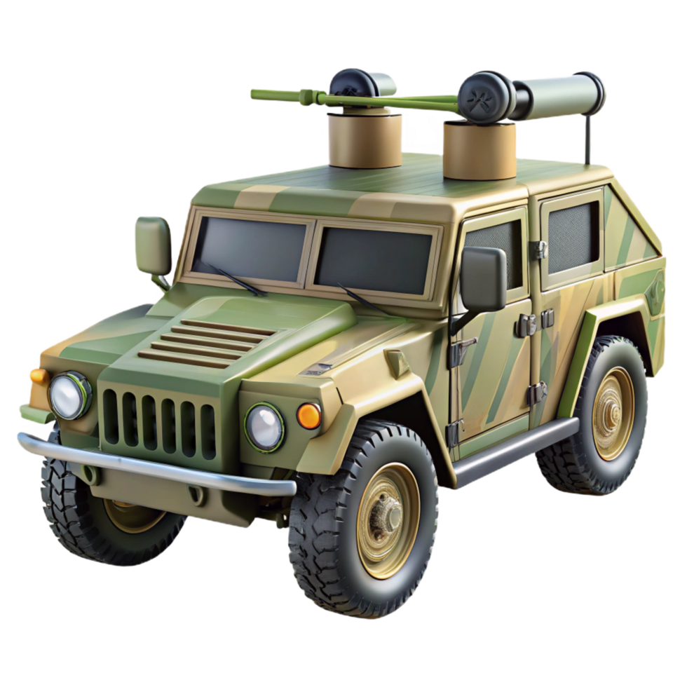 radiant creative Military Humvee, camouflage paint, mountemachine gun, studio lighting, front view, render, isolateon transparent background,high-resolution product photography impeccable png