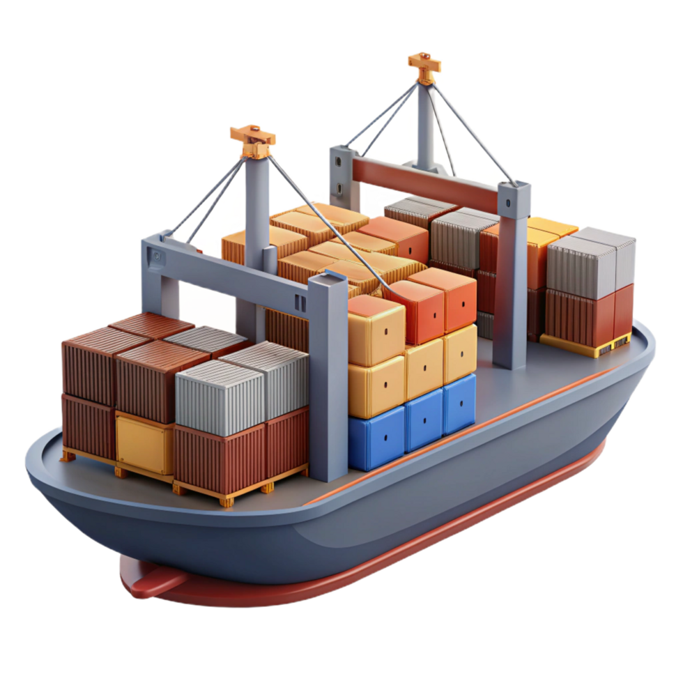romantic mesmerizing Cargo ship, container stacks, detailecranes, studio lighting, side view, render, isolateon transparent background,high-resolution product photography 4K png