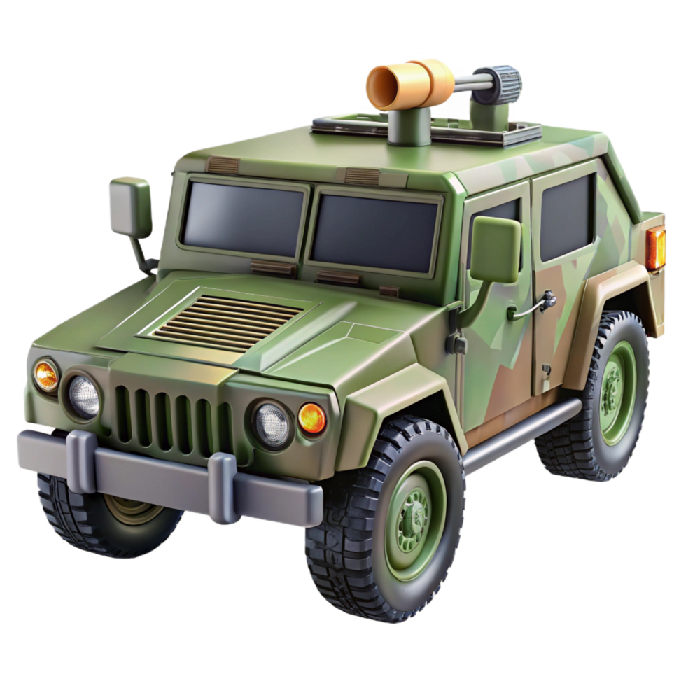 ethereal stunning Military Humvee, camouflage paint, mountemachine gun, studio lighting, front view, render, isolateon transparent background,high-resolution product photography authentic png