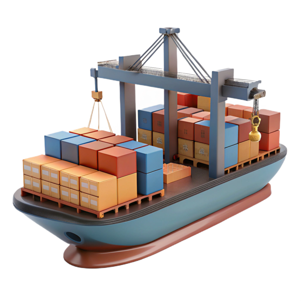 acclaimeclassic Cargo ship, container stacks, detailecranes, studio lighting, side view, render, isolateon transparent background,high-resolution product photography flawless png