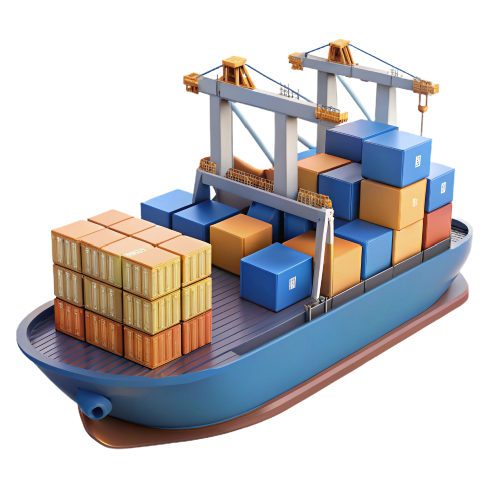elegant timeless Cargo ship, container stacks, detailecranes, studio lighting, side view, render, isolateon transparent background,high-resolution product photography png