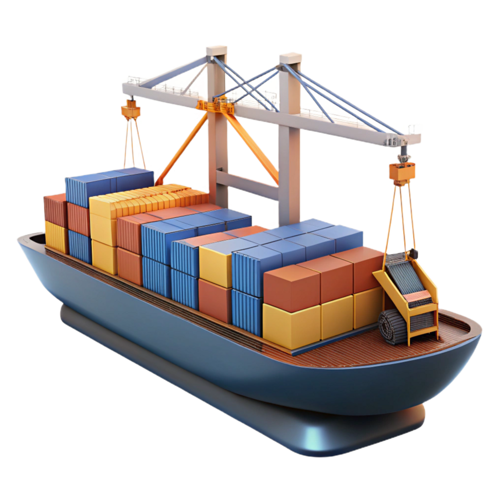 majestic dreamy futuristic Cargo ship, container stacks, detailecranes, studio lighting, side view, render, isolateon transparent background,high-resolution product photography impeccable png