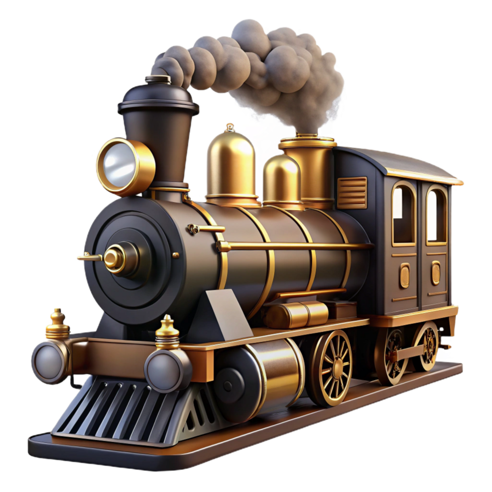 reflective dazzling Steam train locomotive, black angollivery, puffing smoke, studio lighting, render, isolateon transparent background,high-resolution product photography genuine png