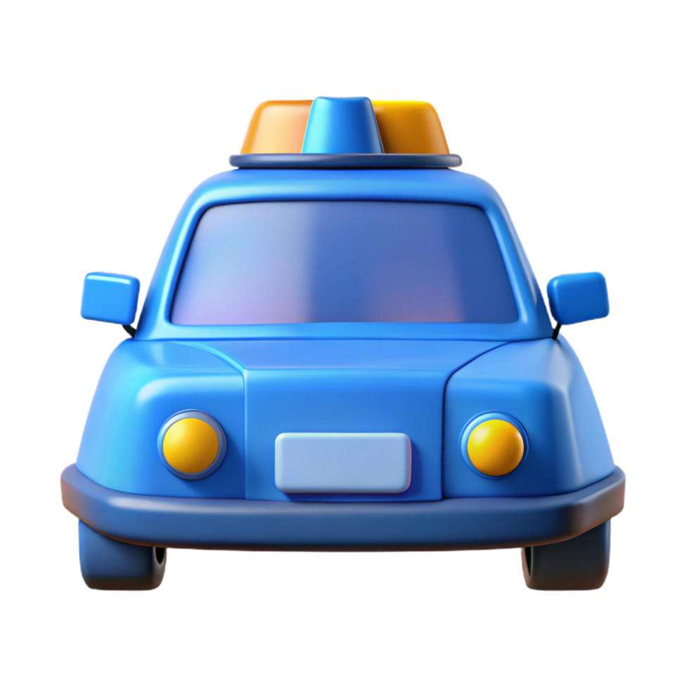 radiant signature Blue police car, flashing lights, siren, studio lighting, front view, render, isolateon transparent background,high-resolution product photography png