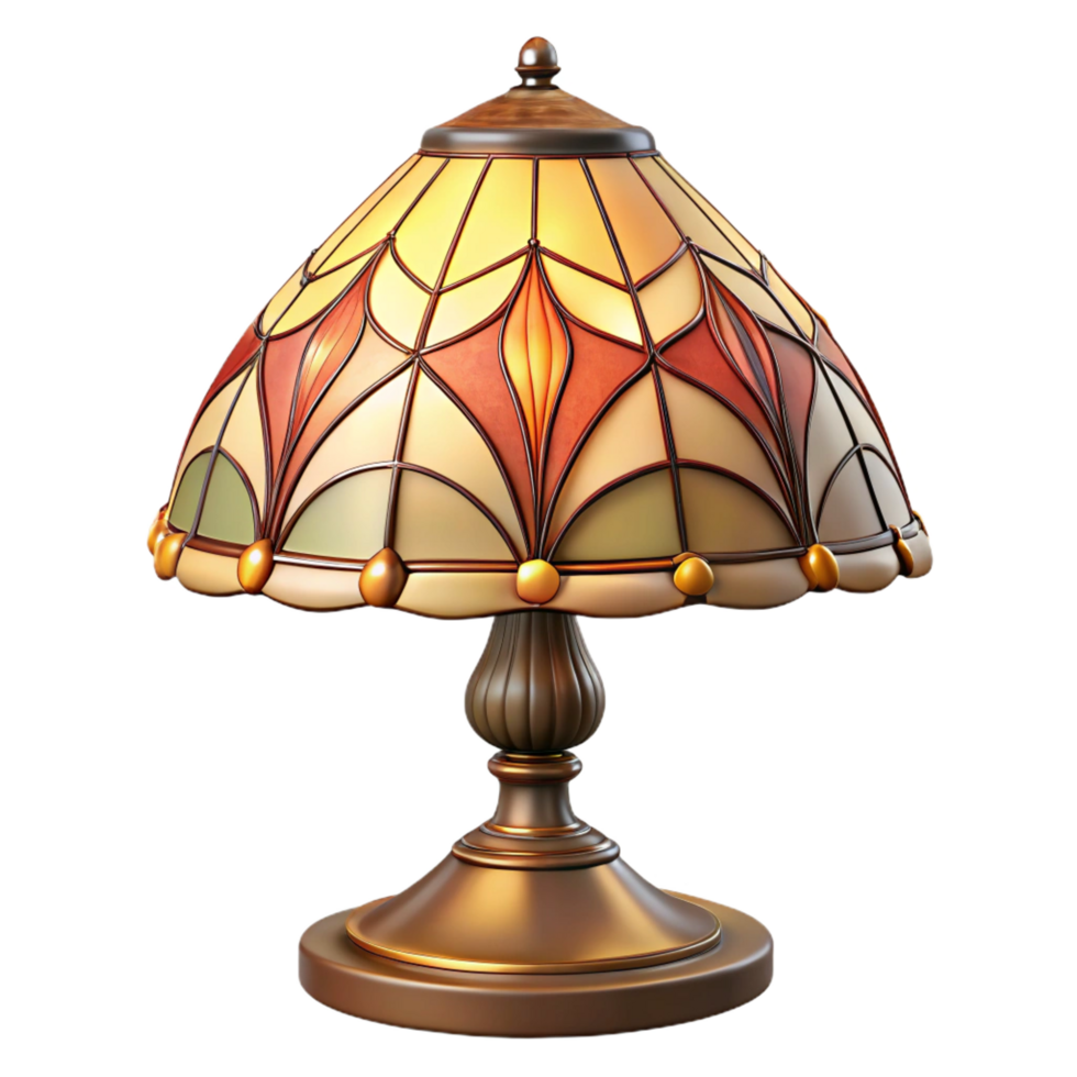 serene renaissance Tiffany-style table lamp, staineglass with floral pattern, warm incandescent lighting, front view, isolateon transparent background,high-resolution product photography artisan png