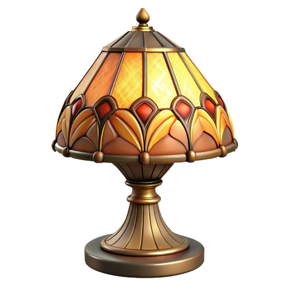 joyful extraordinary Tiffany-style table lamp, staineglass with floral pattern, warm incandescent lighting, front view, isolateon transparent background,high-resolution product photography exclusive png