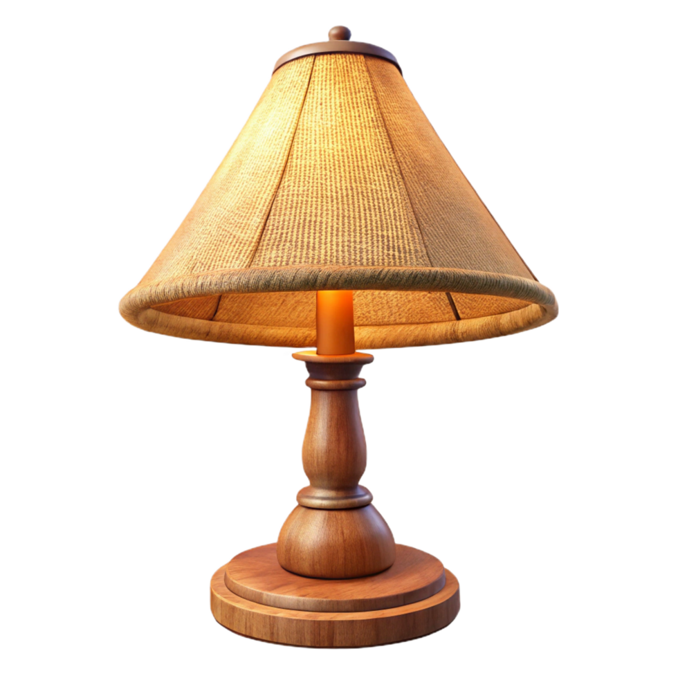 joyful elegant Rustic wooden table lamp, carvedetails, burlap shade, warm ambient light, isolateon transparent background,high-resolution product photography luxury png