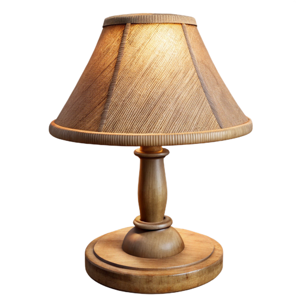 immaculate signature Rustic wooden table lamp, carvedetails, burlap shade, warm ambient light, isolateon transparent background,high-resolution product photography png