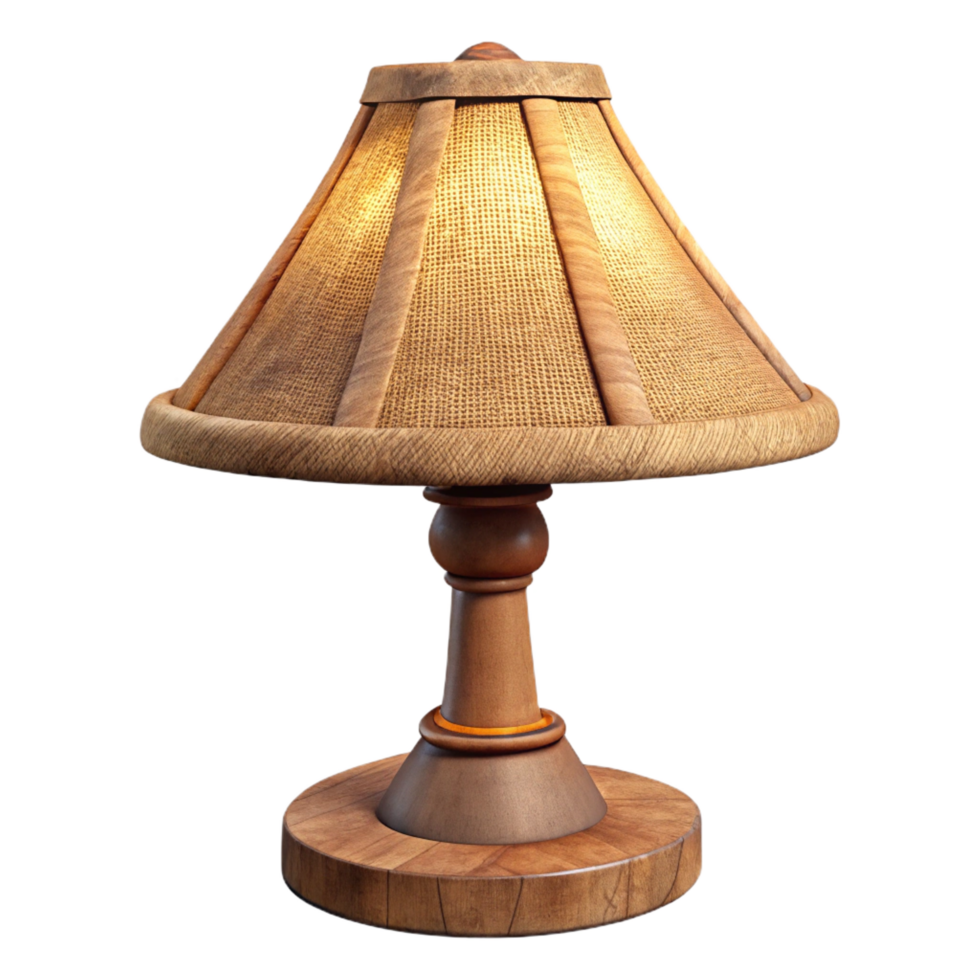 splendibohemian Rustic wooden table lamp, carvedetails, burlap shade, warm ambient light, isolateon transparent background,high-resolution product photography precision png