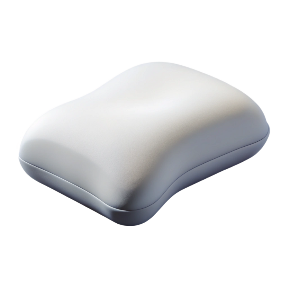 dramatic inspireMemory foam pillow, contoureshape, white hypoallergenic cover, studio lighting, side view, isolateon transparent background,high-resolution product photography png