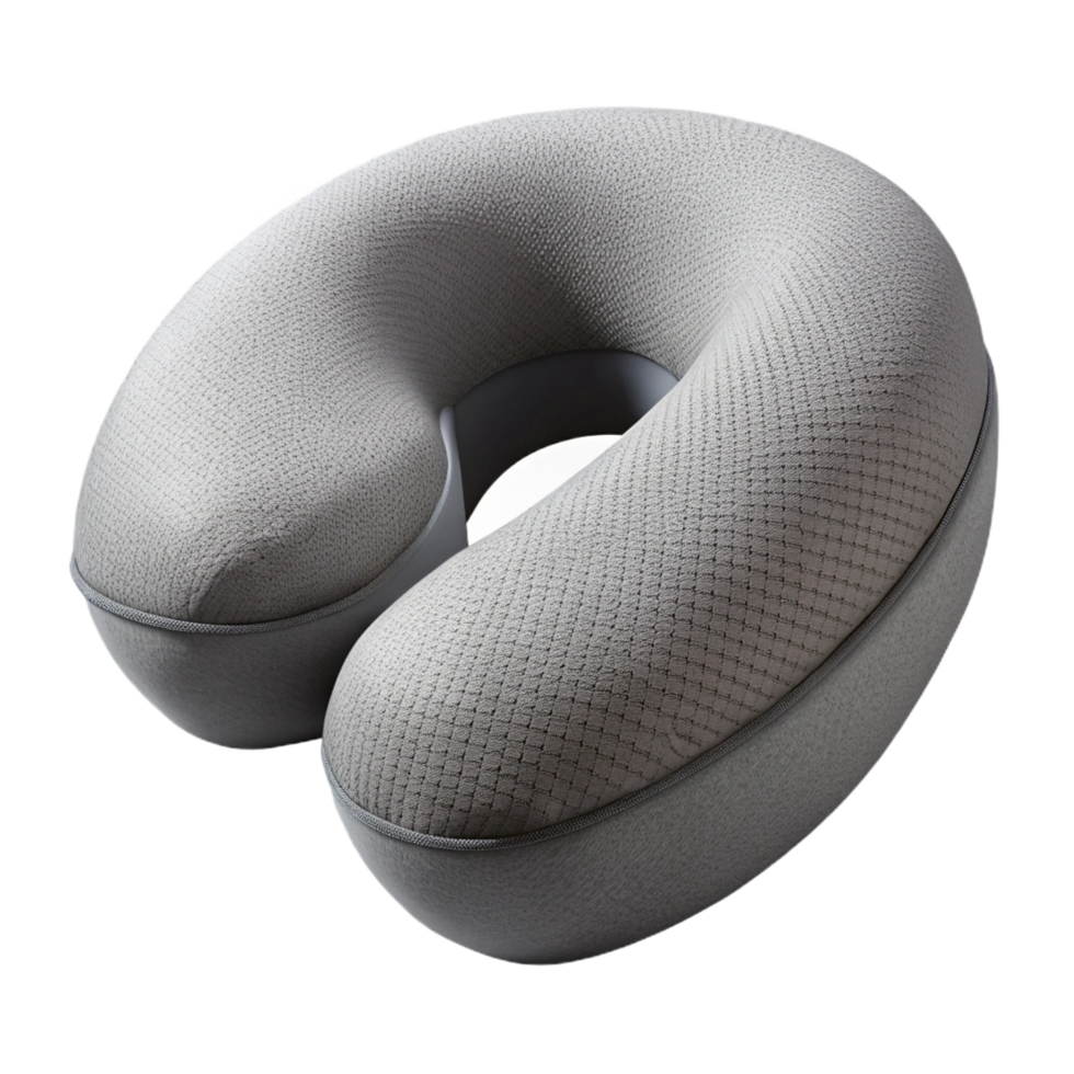 enchanting remarkable Travel neck pillow, memory foam, gray fabric cover, ergonomic design, studio lighting, side view, isolateon transparent background,high-resolution product photography png