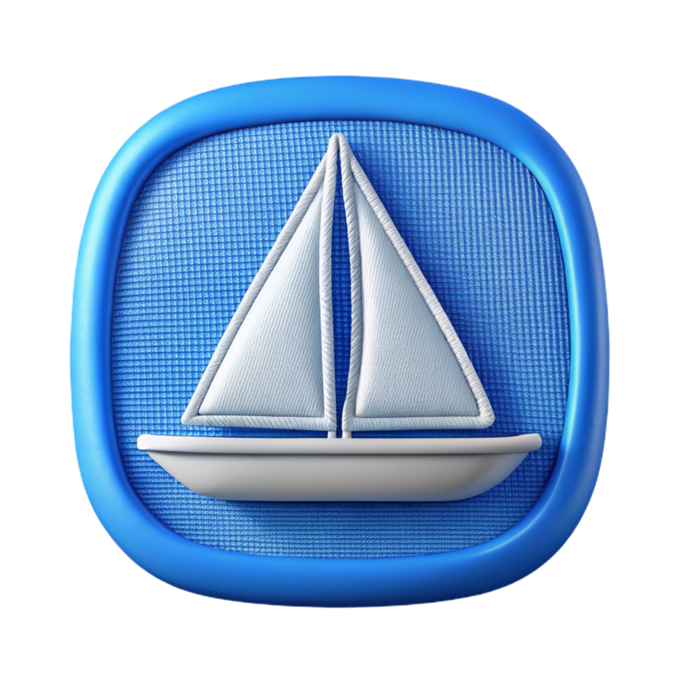 fascinating distinctive Embroidereblue anwhite logo of a sailboat on a canvas patch, detailestitching, soft lighting, front view, isolateon transparent background,high-resolution product photography png
