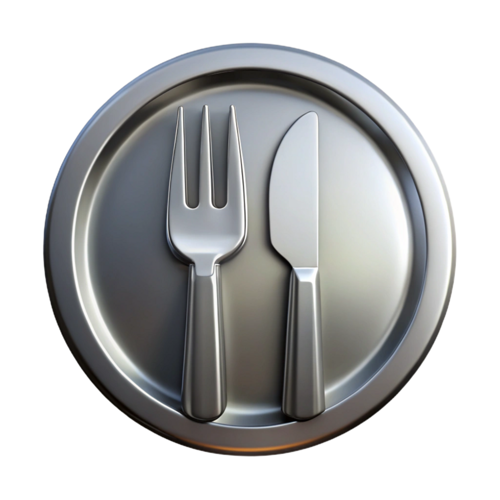 mysterious striking Stainless steel logo of a fork anknife, brushefinish, studio lighting, front view, isolateon transparent background,high-resolution product photography high quality png
