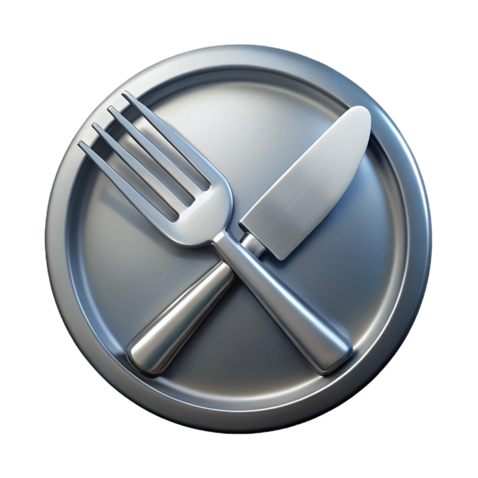majestic creative Stainless steel logo of a fork anknife, brushefinish, studio lighting, front view, isolateon transparent background,high-resolution product photography museum quality png