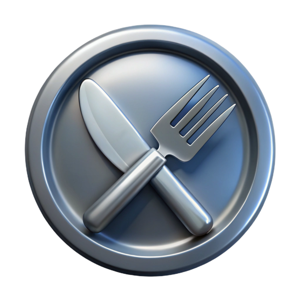 whimsical immaculate Stainless steel logo of a fork anknife, brushefinish, studio lighting, front view, isolateon transparent background,high-resolution product photography crisp png