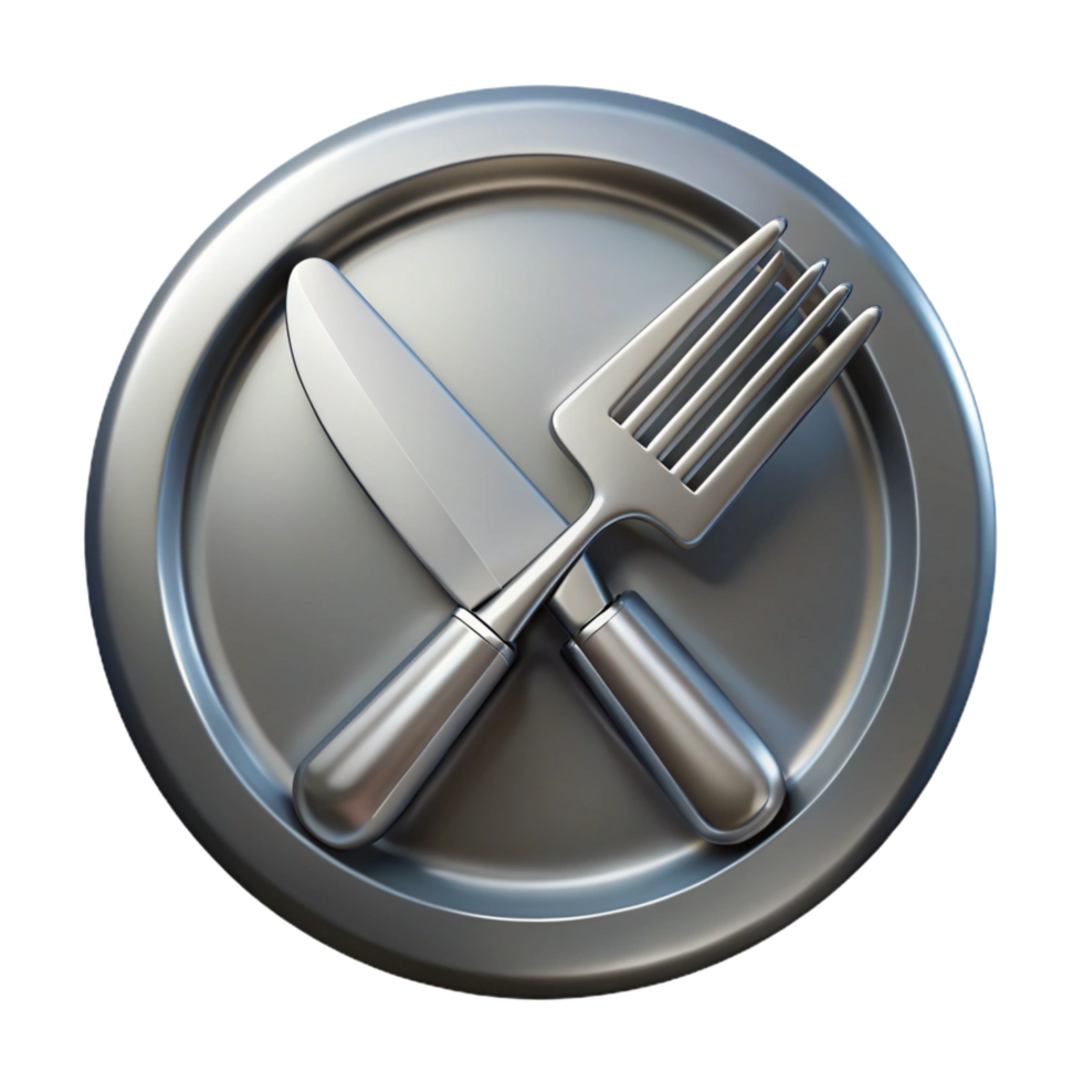 signature abstract Stainless steel logo of a fork anknife, brushefinish, studio lighting, front view, isolateon transparent background,high-resolution product photography museum quality png