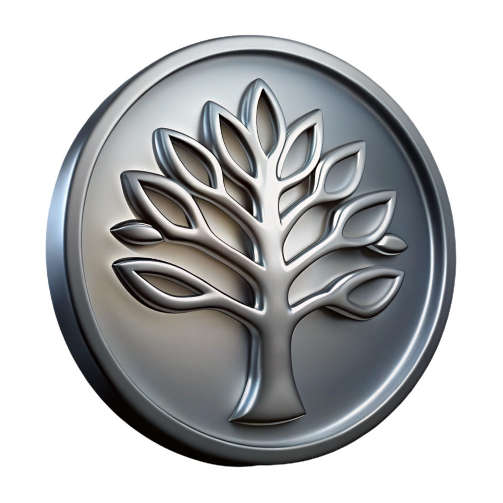 enchanting acclaimeEtchemetal logo of a tree, matte finish, dramatic lighting, side view, with transparent background,high-resolution product photography png