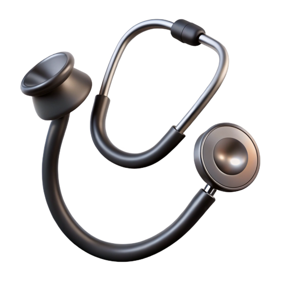 intense mesmerizing Stethoscope with dual-heachest piece, matte black tubing, silver-plateear tips, soft lighting, isolateon transparent background,high-resolution product photography handcrafted png