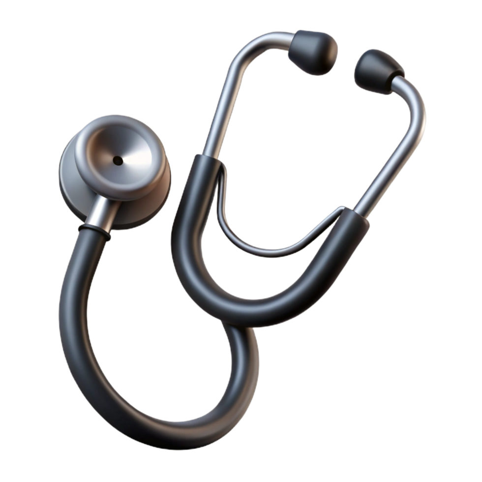 dynamic spectacular Stethoscope with dual-heachest piece, matte black tubing, silver-plateear tips, soft lighting, isolateon transparent background,high-resolution product photography expertly shot png