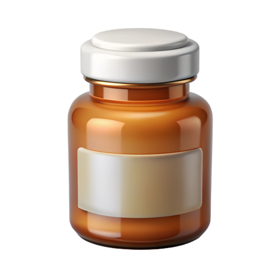 impressive iconic Pill bottle, amber glass, with childproof cap, white label, studio lighting, front view, isolateon transparent background,high-resolution product photography png