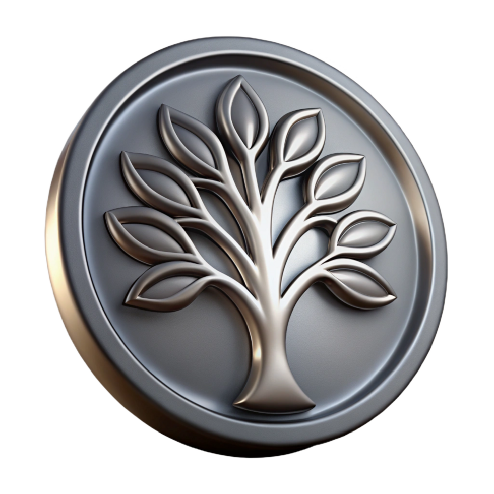 immaculate rare Etchemetal logo of a tree, matte finish, dramatic lighting, side view, with transparent background,high-resolution product photography png