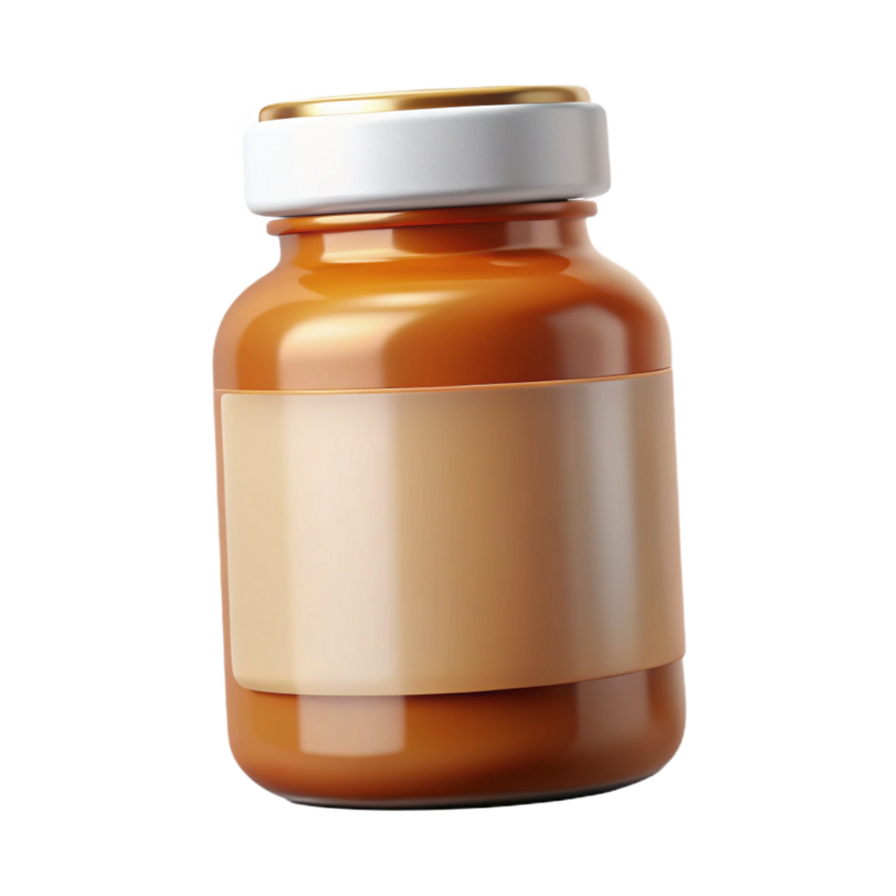 coveteminimalist Pill bottle, amber glass, with childproof cap, white label, studio lighting, front view, isolateon transparent background,high-resolution product photography crisp png