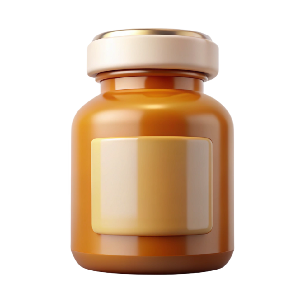 nostalgic exquisite Pill bottle, amber glass, with childproof cap, white label, studio lighting, front view, isolateon transparent background,high-resolution product photography perfect clarity png