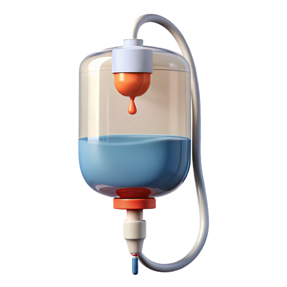 distinguishegeometric IV bag with clear liquid, drip chamber, hanging loop, studio lighting, side view, isolateon transparent background,high-resolution product photography ultra HD png