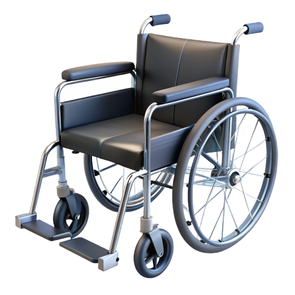 peaceful exquisite Wheelchair with foldable frame, black fabric seat, metal footrests, studio lighting, isolateon transparent background,high-resolution product photography elite png