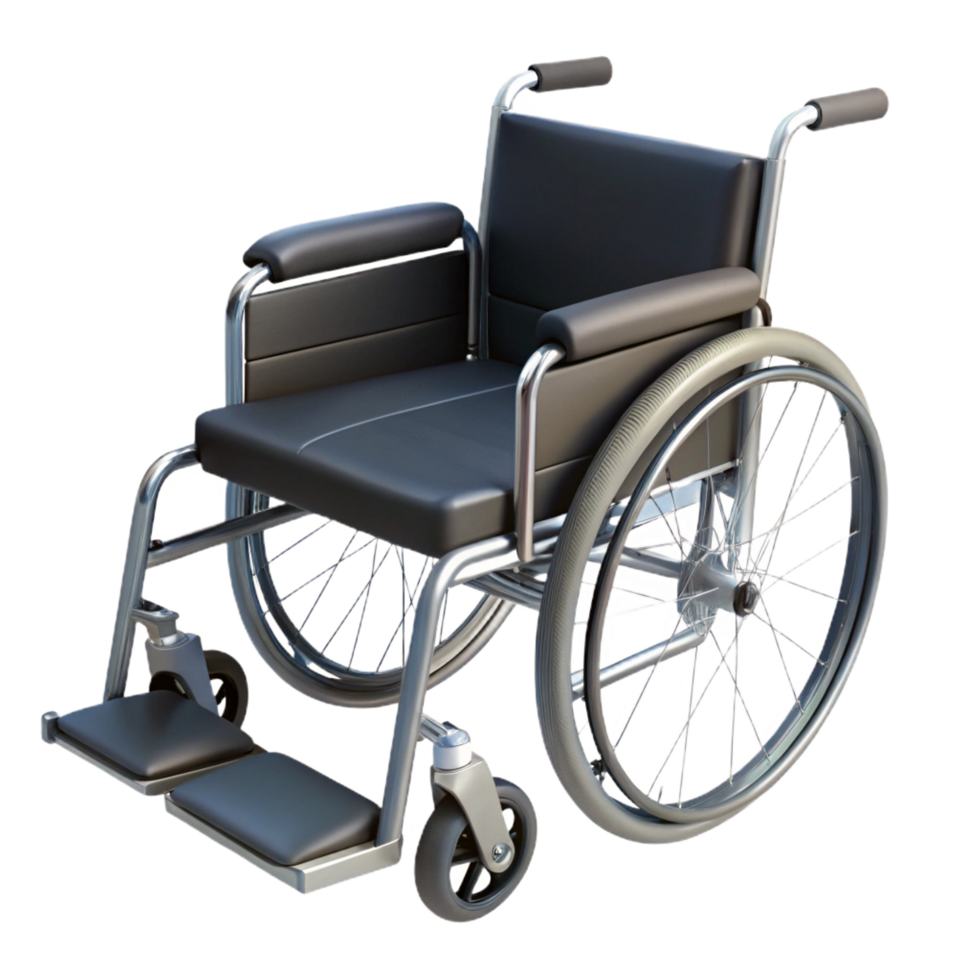 ethereal beautiful Wheelchair with foldable frame, black fabric seat, metal footrests, studio lighting, isolateon transparent background,high-resolution product photography original png