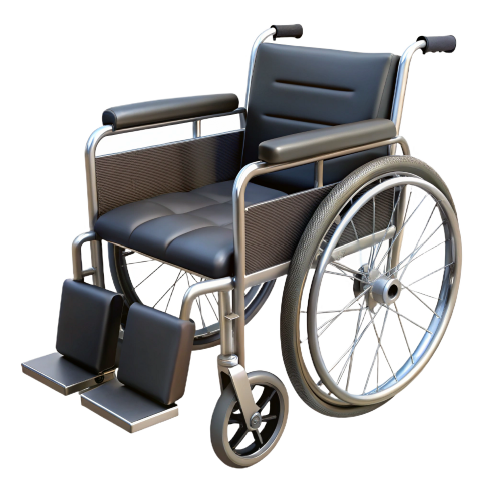 energetic impressive Wheelchair with foldable frame, black fabric seat, metal footrests, studio lighting, isolateon transparent background,high-resolution product photography artisan png