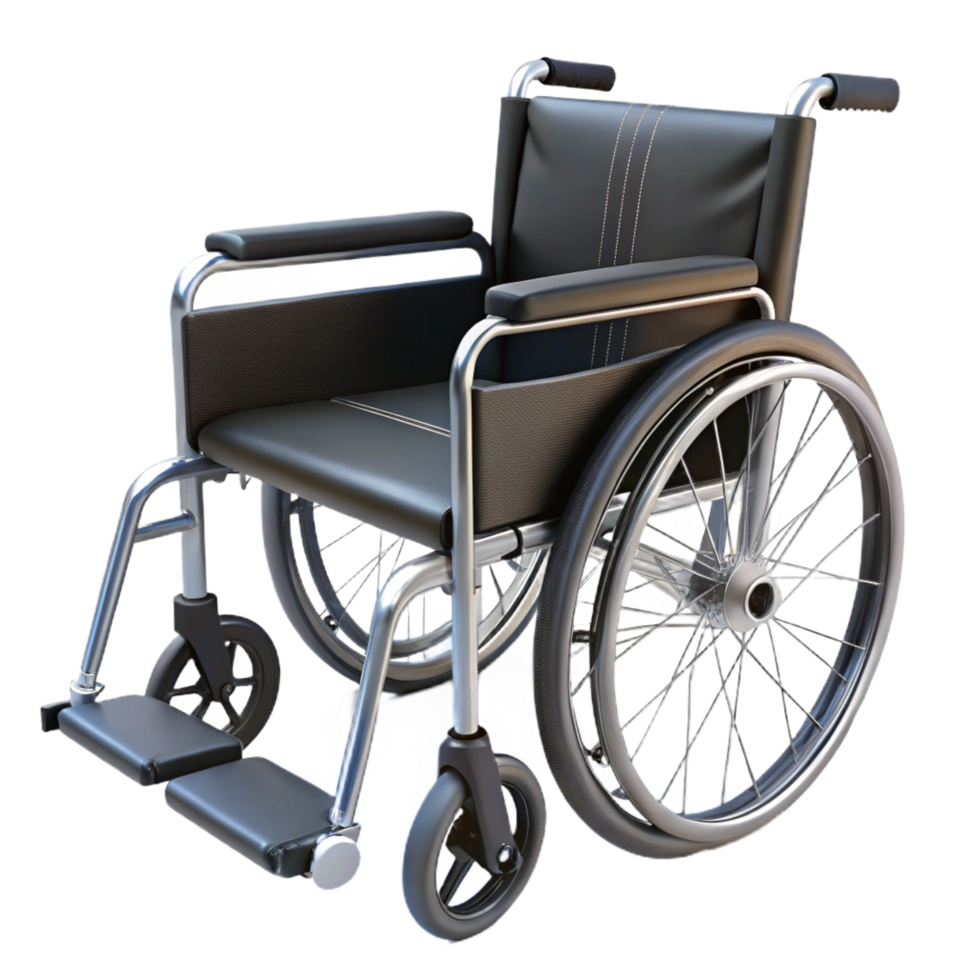 iconic abstract Wheelchair with foldable frame, black fabric seat, metal footrests, studio lighting, isolateon transparent background,high-resolution product photography expertly shot png
