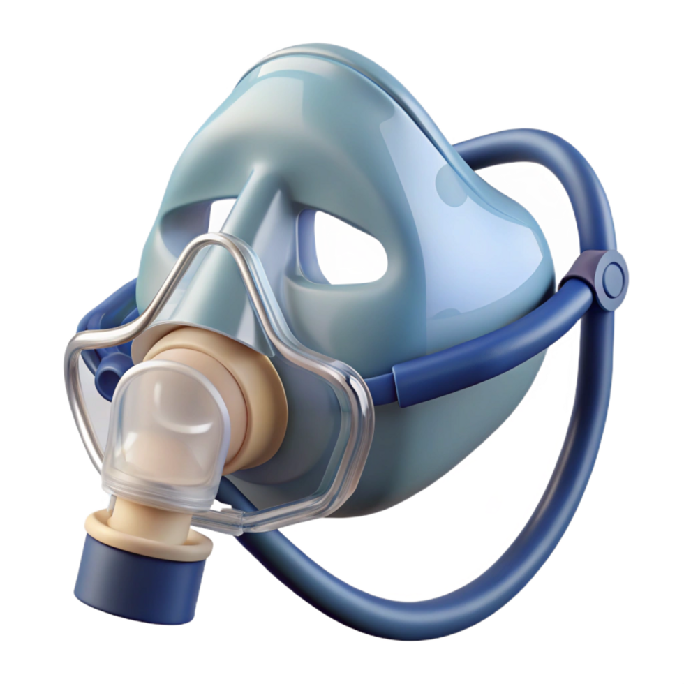 bolstunning Nebulizer mask with clear plastic, adjustable straps, connecting tube, studio lighting, front view, isolateon transparent background,high-resolution product photography studio quality png
