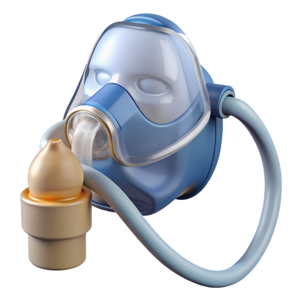 calm mesmerizing Nebulizer mask with clear plastic, adjustable straps, connecting tube, studio lighting, front view, isolateon transparent background,high-resolution product photography studio quality png