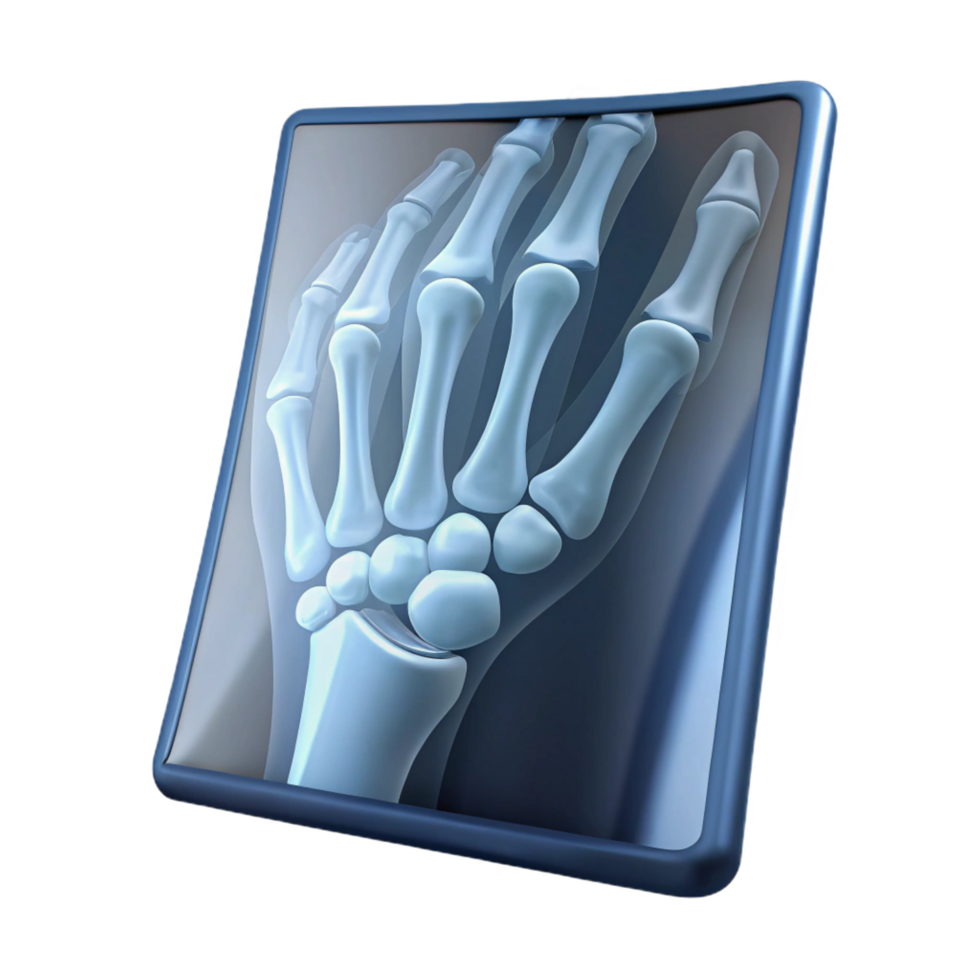 impressive memorable X-ray film showing a fracturebone, detailemedical imagery, backlit, front view, isolateon transparent background,high-resolution product photography png