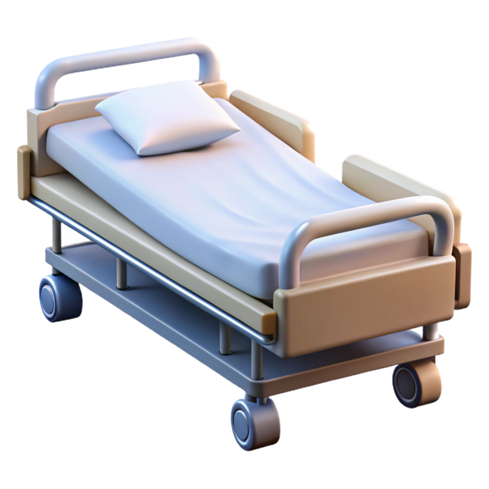 impressive playful modern Hospital bewith adjustable heaanfootrests, white sheets, side rails, studio lighting, isolateon transparent background,high-resolution product photography 4K png