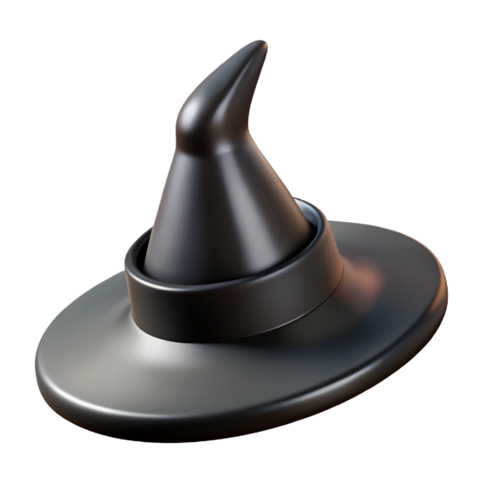 magnificent organic Black plastic witch's hat with pointetip anwide brim, glossy finish, soft lighting, icon style, isolateon transparent background,high-resolution product photography sharp png