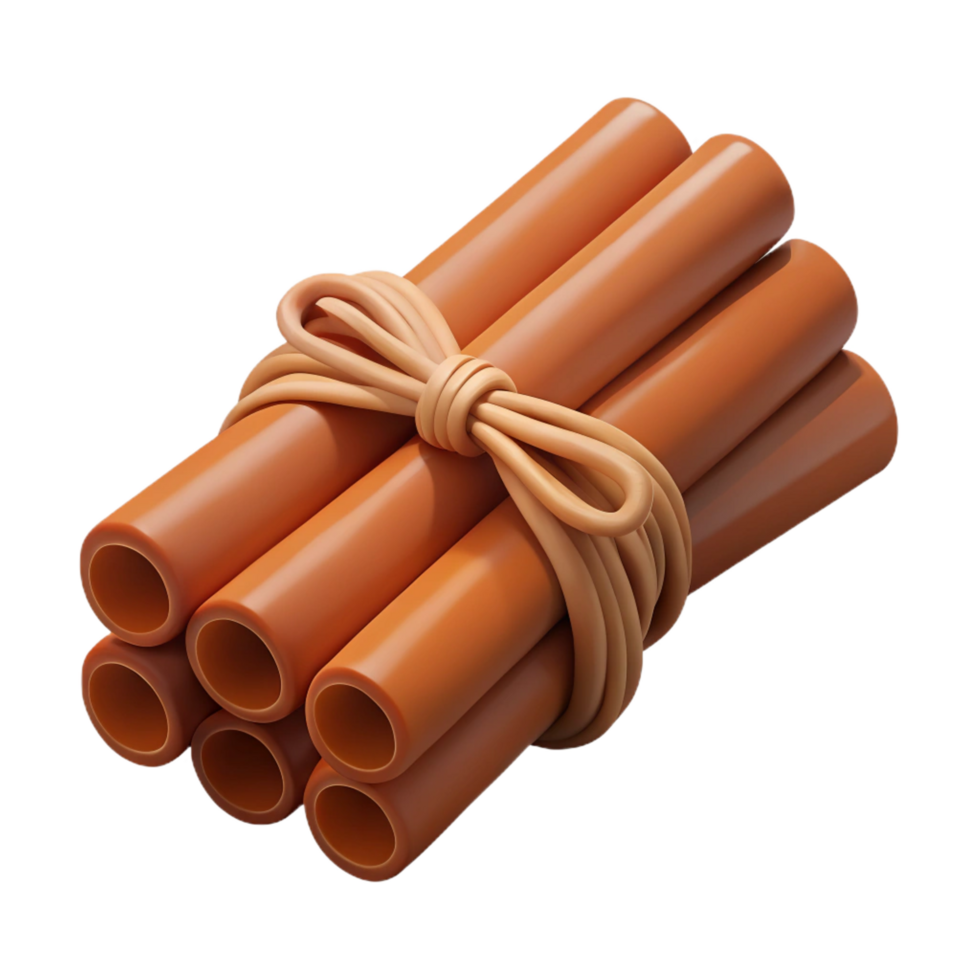 tranquil captivating Bundle of cinnamon sticks tiewith twine, realistic texture, studio lighting, front view, icon style, isolateon transparent background,high-resolution product photography ultra HD png