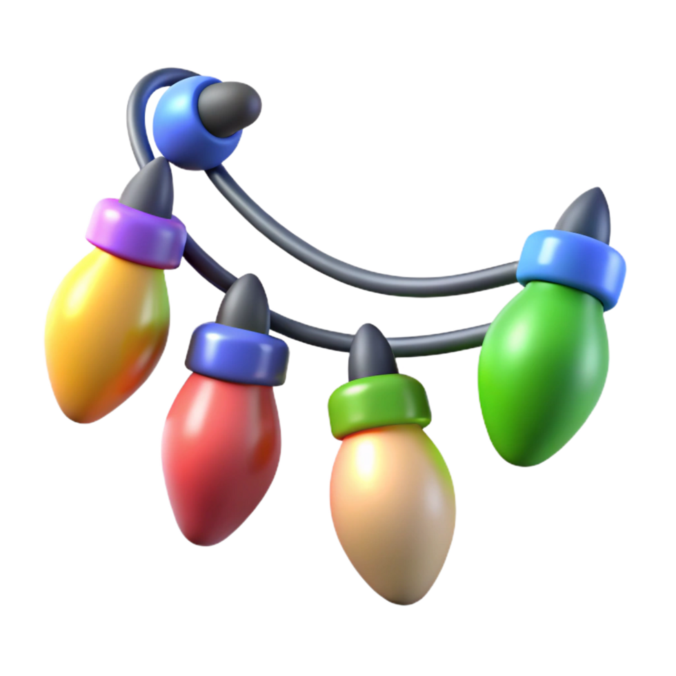 bolsumptuous Close-up of a string of multicoloreChristmas tree lights, LEDs glowing brightly, wire visible, isolateon transparent background,high-resolution product photography premium png