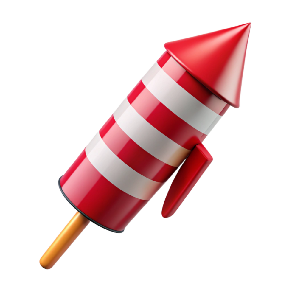 radiant inspireSingle firework rocket, reanwhite stripebody, pointetip, fuse visible, studio lighting, side view, isolateon transparent background,high-resolution product photography png