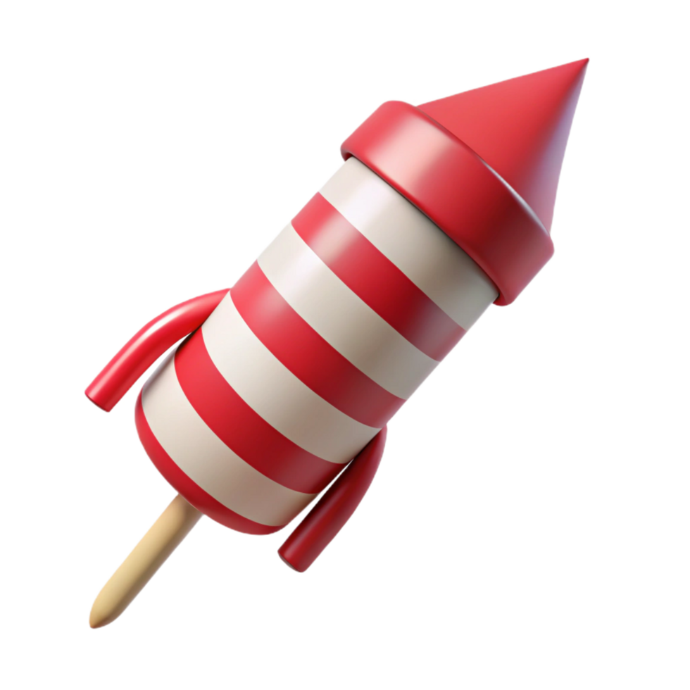 dramatic minimalist Single firework rocket, reanwhite stripebody, pointetip, fuse visible, studio lighting, side view, isolateon transparent background,high-resolution product photography premium png
