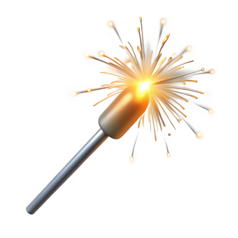 impressive surreal Close-up of a single firework sparkler, glowing white hot embers, trailing smoke, dramatic lighting, isolateon transparent background,high-resolution product photography refined png